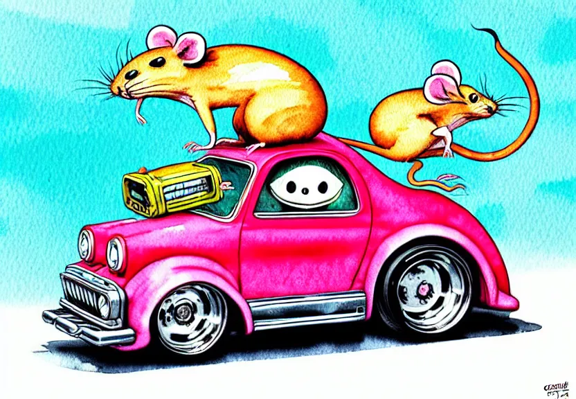 Prompt: cute and funny, rat riding in a tiny hot rod coupe with oversized engine, ratfink style by ed roth, centered award winning watercolor pen illustration, isometric illustration by chihiro iwasaki, edited by range murata