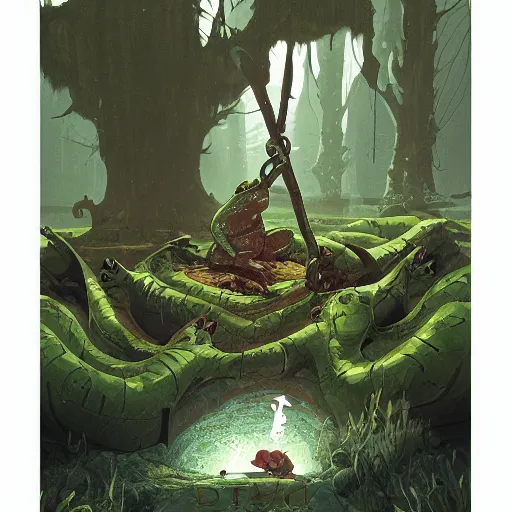 Image similar to Frog Frog Frog Frog crapaud kaeru Demon Knight Hero resting in marshlands Ishbel Myerscough greg rutkowski sam spratt Peter Kuhfeld simon stalenhag enki bilal beeple james gilleard Illustrated Colored Pencil