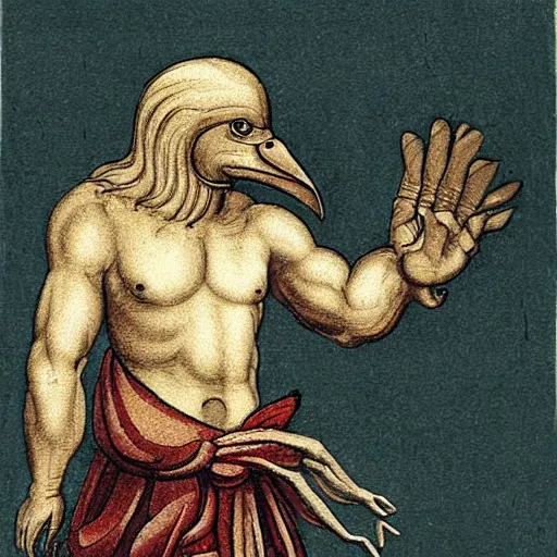 Prompt: human - eagle creature with one big beak, drawn by da vinci