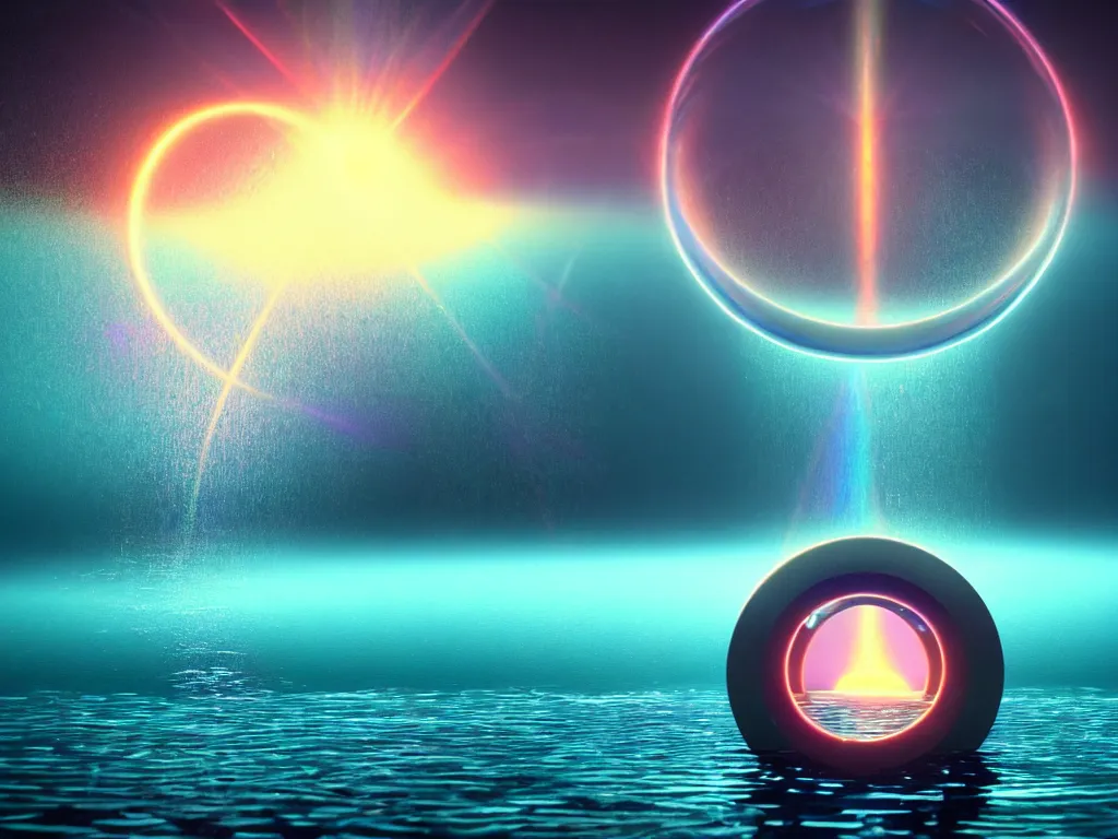 Image similar to beautiful oil on canvas of one beautiful magical gleaming holographic portal to another world, in a lake, opening under the water, magical, ethereal, sci - fi, art, 8 k render octane high definition