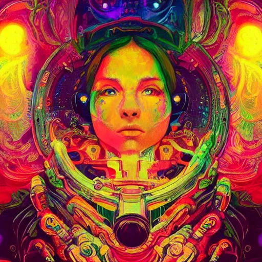 Image similar to An extremely psychedelic experience, colorful, surreal, dramatic lighting, cosmonaut, LSD, face, detailed, intricate, elegant, highly detailed, digital painting, artstation, concept art, smooth, sharp focus, illustration, art by Sam Spratt, Dan Mumford, Artem Demura and Alphonse Mucha