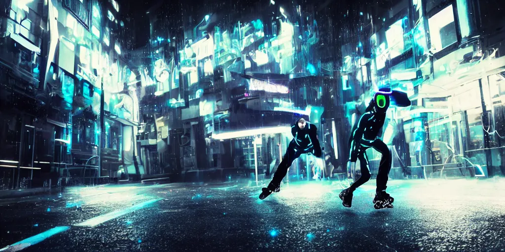 Image similar to slow motion picture of futuristic break dancer wearing dark tron suit with neon lights, long exposure shot , at night in the middle of a rainy street, paddles of water, rim lights, glossy reflections, octane render, detailed and soft, by laurie greasley