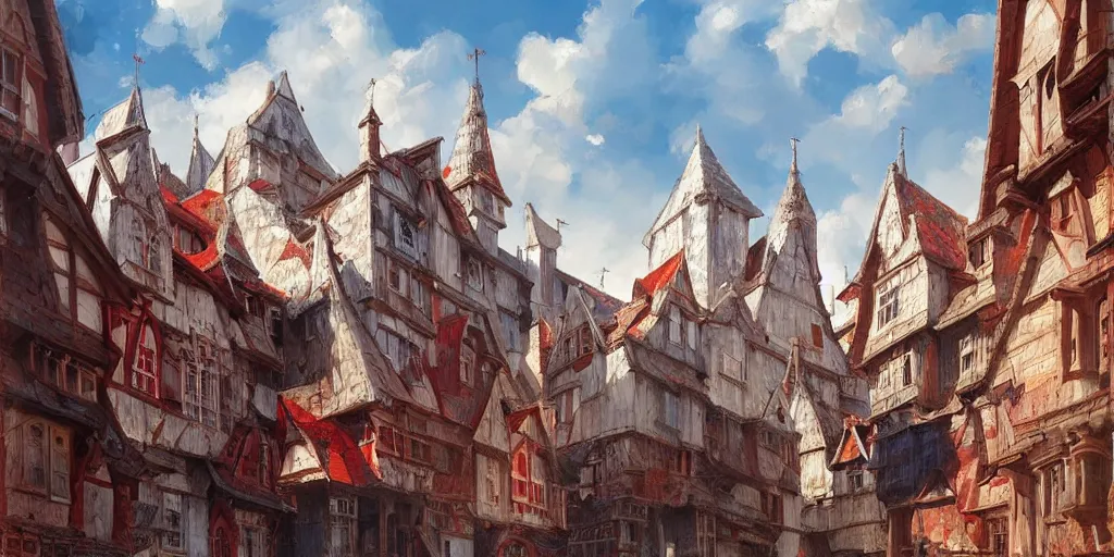 Image similar to hyper realistic oil painting of a medieval city made out of white and red houses, hyper detailed, high contrast, bright, summer, blue skies, by Greg Rutkowski, trending on artstation