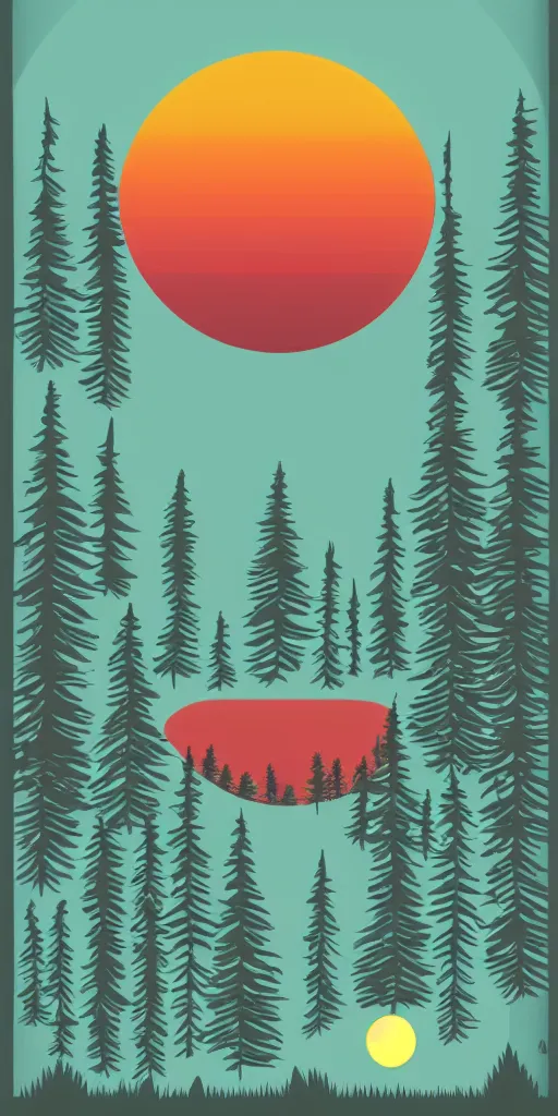 Prompt: shirt design, vector style, lake in forest of pines, big red sun, fresh modern look, made with photoshop,