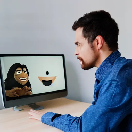 Prompt: photo of man looking at his computer screen, on his computer screen there is an image of troll face