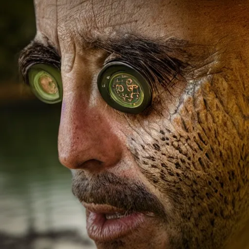 Image similar to man's face with clocks covering his eyes, looking at the camera walking near lake with crocodiles, high detail, soft lighting, intricate, 8 k