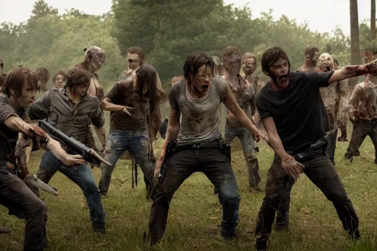 Prompt: the cast of sout park in the walking dead fighting zombies, movie still, 8 k, from the newest season the walking dead, cinematic lighting, hd