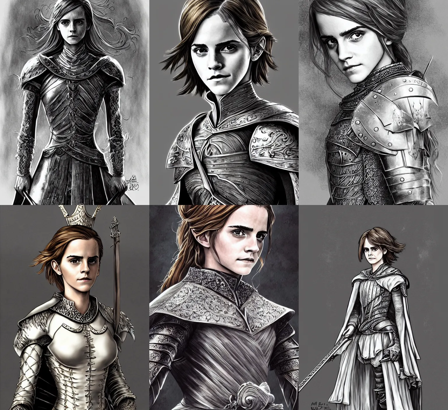 Prompt: Emma Watson as a knight, highly detailed, artstation, art by Kentaro Miura