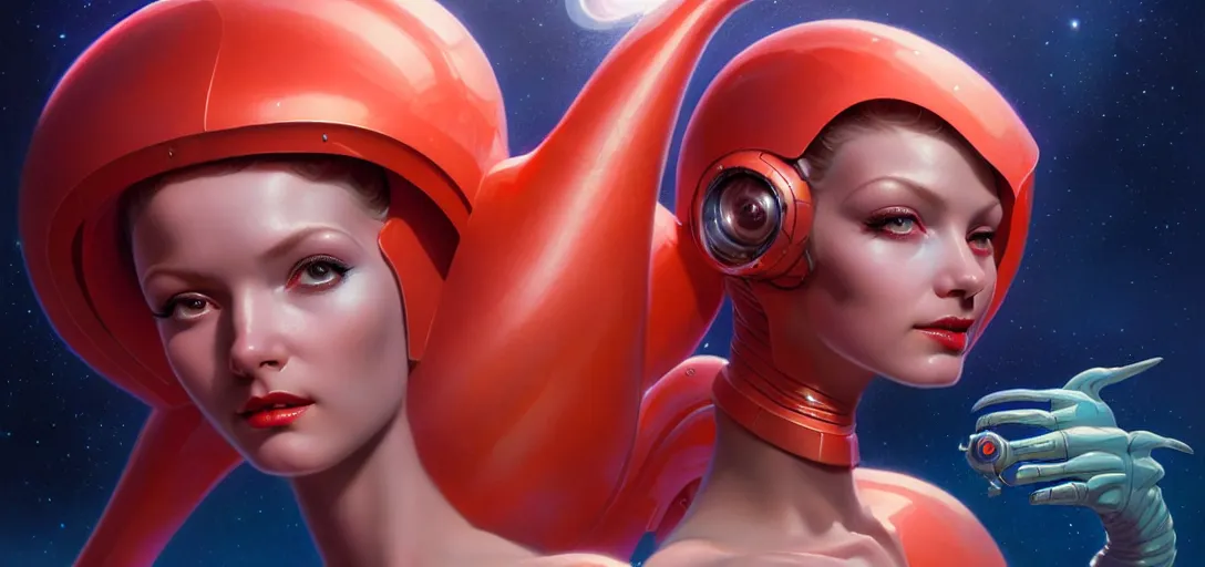 Prompt: face of a cute alien girl wearing shiny plastic armor in the style of roger dean and alberto vargas and stefan kostic, realistic, photoreal, sharp focus, 8 k high definition, insanely detailed, intricate, elegant, art by greg rutkowski and artgerm, extreme blur coral reef background