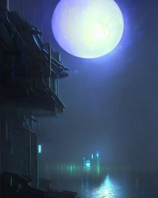 Prompt: a beautiful cyberpunk acrylic painting of a moon garden by Ivan Aivazovsky, trending on ArtStation, Beeple.