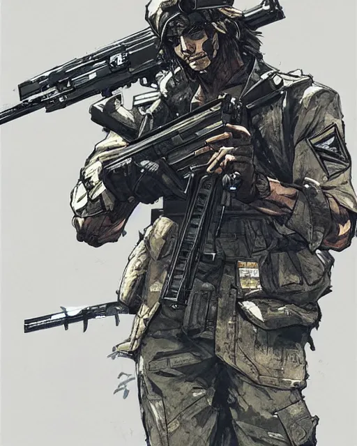 Prompt: a soldier wielding a machine gun, concept art, artstation, trending, highly detailed, smooth, focus, art by yoji shinkawa