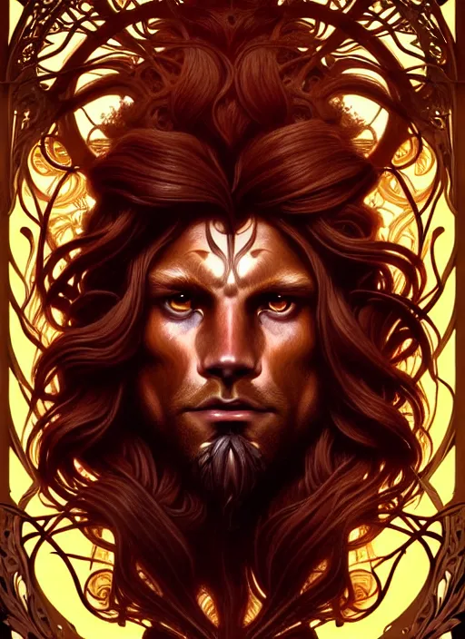 Prompt: portrait of demigod hercules, long wavy auburn hair, lion mane, glowing eyes, volumetric lights, forest, art nouveau botanicals, gothic, intricate, highly detailed, digital painting, artstation, concept art, smooth, sharp focus, symmetric face, illustration, steampunk, art by artgerm and greg rutkowski and alphonse mucha