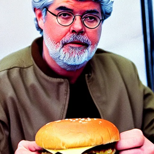 Image similar to George Lucas eating a hamburger