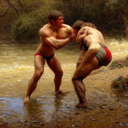 Image similar to young shepherds wrestling by a river, playful, male, muscular, detailed face, gorgeous, amazing, muscular, intricate, highly detailed, painting by Gaston Bussiere, Craig Mullins