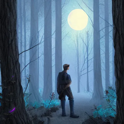 Prompt: Samuel Vimes is investigating in the Forbidden Forrest at midnight, full moon, blue tones, detailed, hyperrealistic, colorful, cinematic lighting, digital art by Kate Oleska