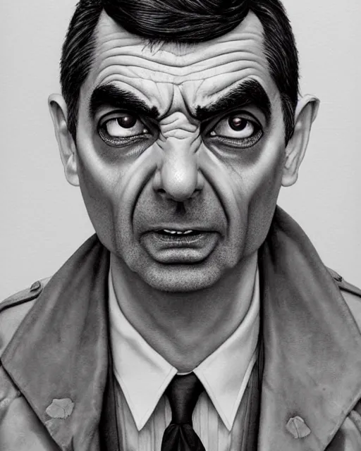 Prompt: portrait of mr bean, gritty, dark, wearing a leather jacket very detailed eyes, hyperrealistic, very detailed painting by Glenn Fabry, by Joao Ruas, by Artgerm