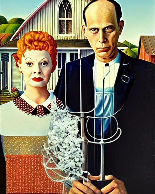 Prompt: painting of lucille ball and ricky ricardo as the couple in American Gothic by Grant Wood