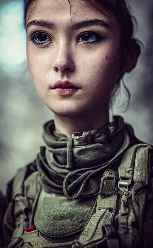 Image similar to portrait photo of a girl, highly detailed, high resolution, cosplay photo, stunning, ドールズフロントライン style, bokeh soft, shot on 70mm, zenithal lightning, trending on instagram, by award winning photographer, realistic human anatomy, real human faces, realistic military carrier, soldier clothing, modern warfare, empty hands, shot with a professional camera, low saturation, soldier clothing