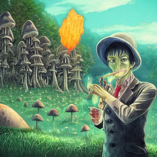 Prompt: A centered chest up portrait of a psychedelic demonic anthropomorphic frog smoking a hand-rolled cigarette smoking heavily , magic mushroom village in background . award winning. superb resolution. in the art style of junji Ito and greg rutkowski . Detailed Mushroom city in background. Hyper realistic anime. Perfect art. Dalle2