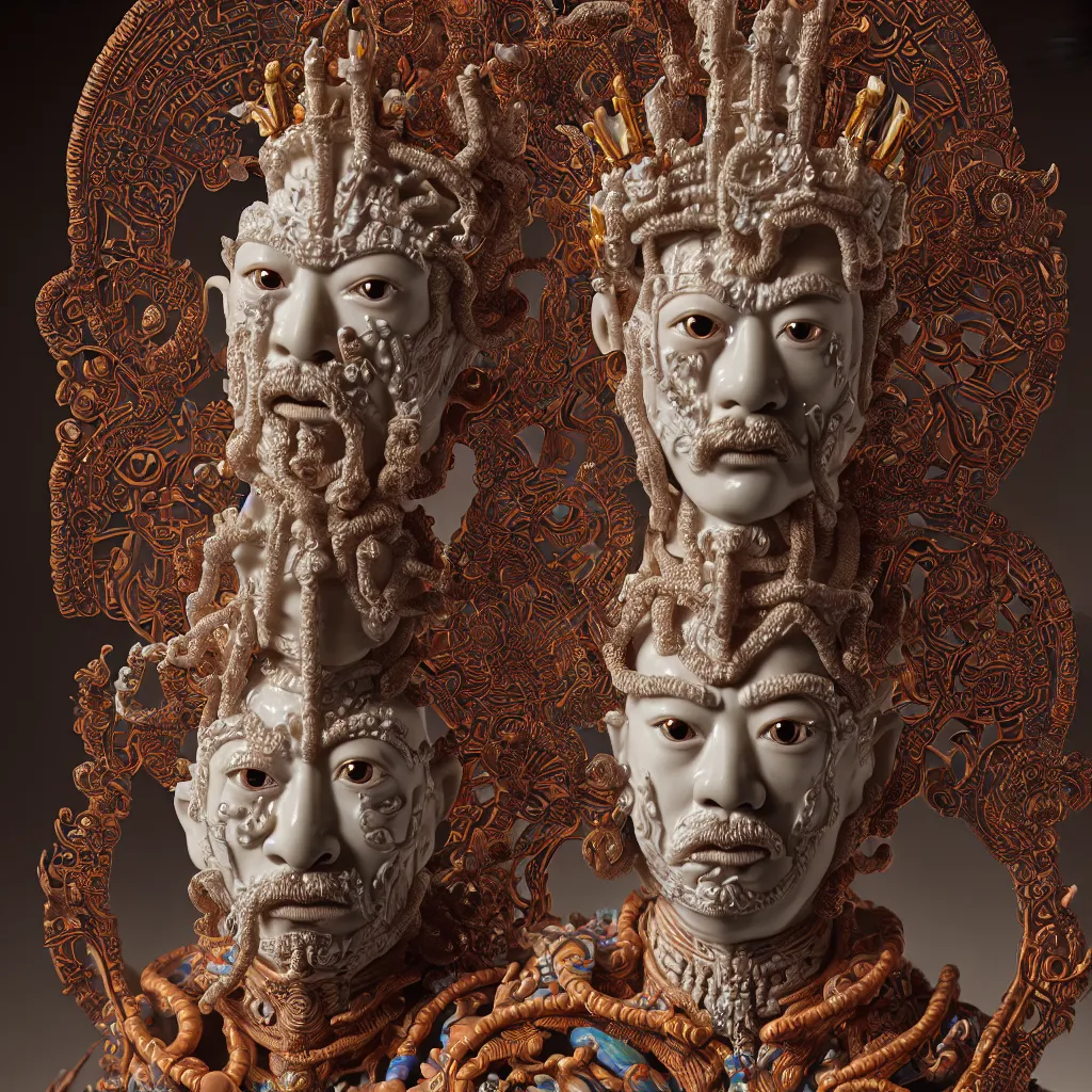 Prompt: A photo-real delicate ceramic porcelain sculpture of an ornate detailed mayan king in front of a intricate background by Victo Ngai and takato yamamoto, micro detail, backlit lighting, subsurface scattering, translucent, thin porcelain, octane renderer, colorful, physically based rendering, japanese pottery, trending on cgsociety