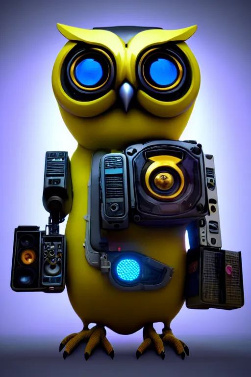 Image similar to high quality 3 d render very cute cyborg owl! with boombox!, cyberpunk highly detailed, unreal engine cinematic smooth, in the style of blade runner & detective pikachu, hannah yata charlie immer, moody light, low angle, uhd 8 k, sharp focus