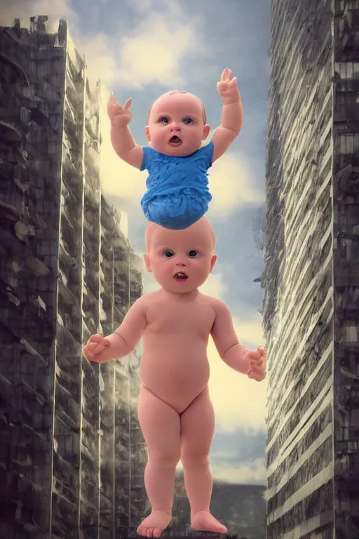 Prompt: evil human giant baby in huggies, grows up to the sky, against the backdrop of destroyed high - rise building, hauntingly surreal, horror, 3 d, 8 k, render, art by fred eric heyman