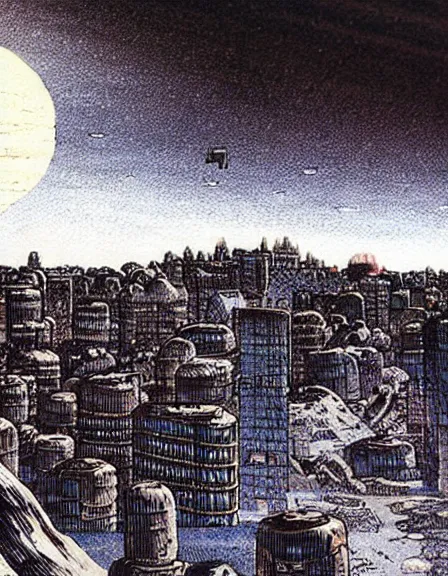 Prompt: comic book page, a city on the moon, lunar surface, black sky, planet Earth in the sky, by Francois Schuiten