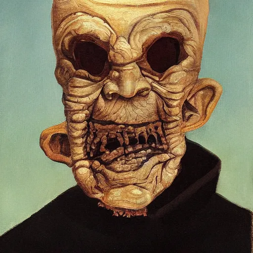 Image similar to a painting of an old man wearing a scary fleshy mask