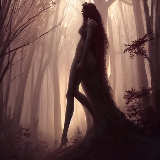 Image similar to a medium shot of a beautiful greek goddess in a bioluminescent ancient dark forest, greg rutkowski, 8 k, shallow depth of field, intricate detail, concept art,