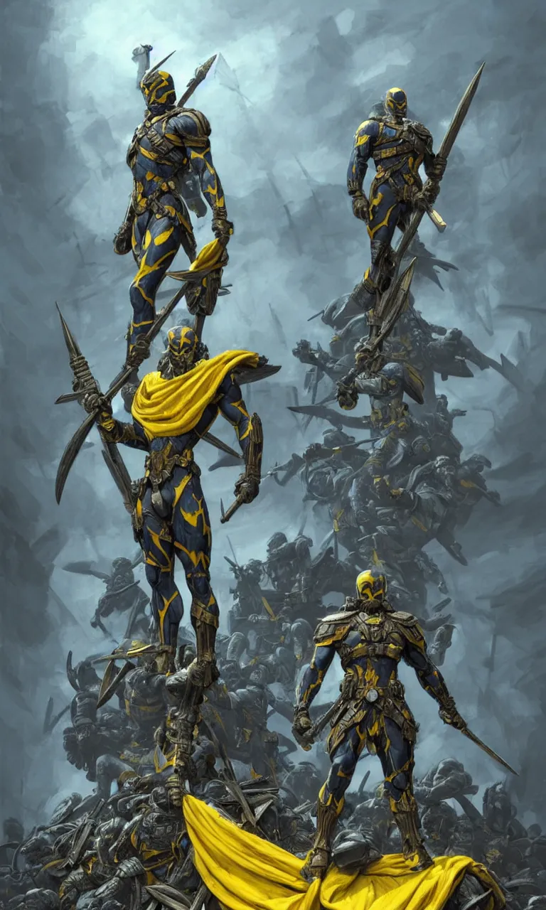 Image similar to a distant shot of a super soldier with blue and yellow flag and a trident symbol standing alone on a huge pile of skulls as a winner, masculine figure, D&D, fantasy, intricate, elegant, highly detailed, extremely detailed, digital painting, artstation, concept art, matte, smooth, sharp focus, illustration, art by Artgerm and Greg Rutkowski and Alphonse Mucha