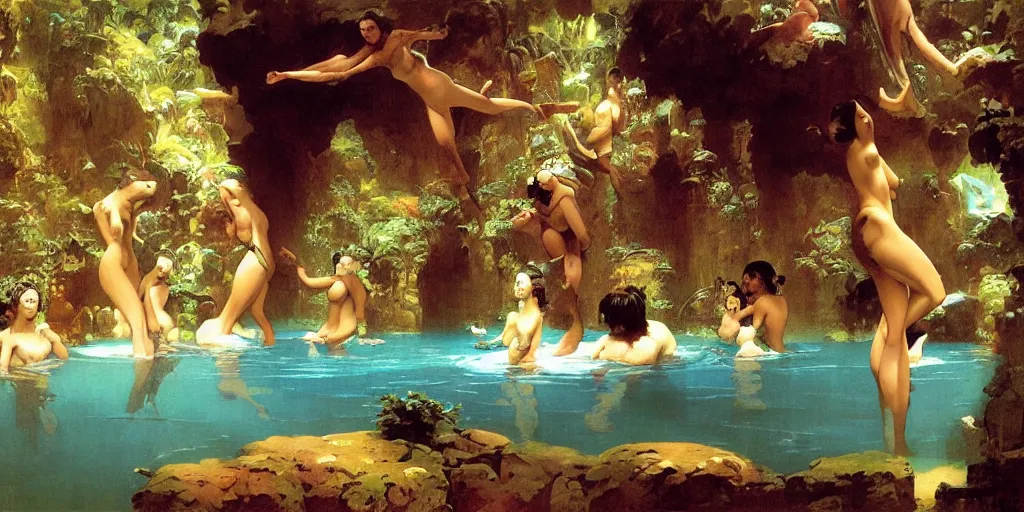 Image similar to a tropical cave that renovate as a luxury interior as a harem of beautiful women bathe in the waters by syd mead, frank frazetta, ken kelly, simon bisley, richard corben, william - adolphe bouguereau