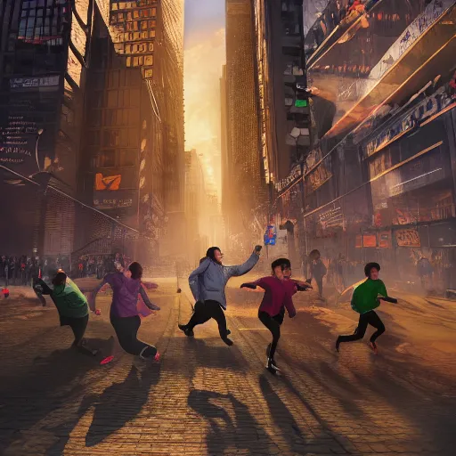 Image similar to bunch of people running away from a bitcoin giant in the city, hyper detailed, trending on artstation, cinematic composition hdr, 8 k, beautiful lighting, sharp details, digital illustration