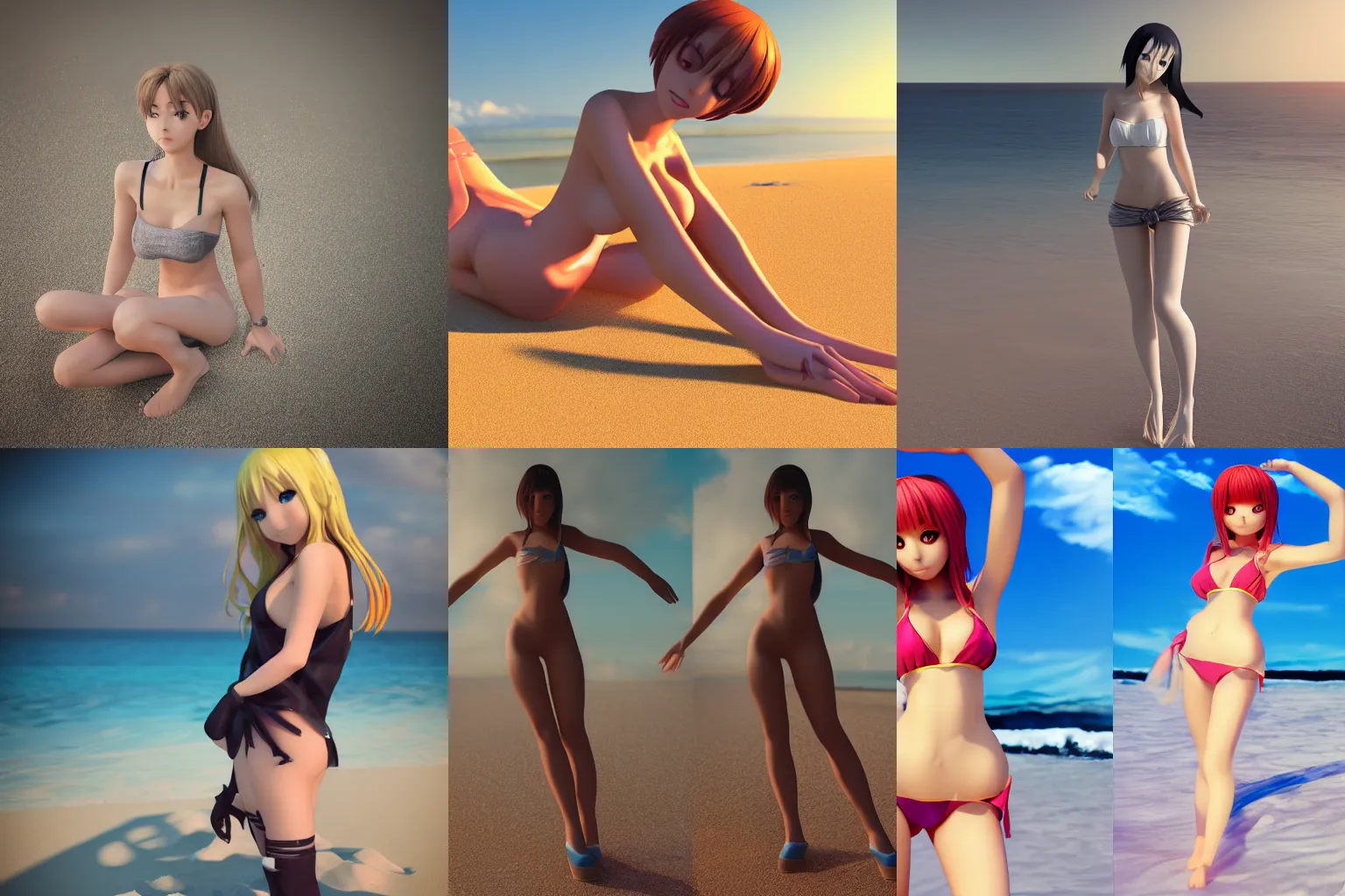 Prompt: anime girl 24yo fotoshoot on the beach octane render