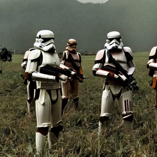 Prompt: star wars clone troopers offer aid to soldiers in vietnam, photo, old picture, lush landscape, field, firearms, war, bombs, explosions, x - wings, tie fighters, star wars droids