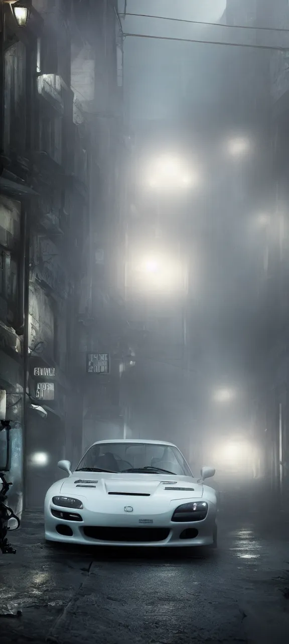 Prompt: a jdm mazda rx - 7 drifting in dunwall, dishonored game, cinematic, dark atmosphere, long exposure, white balance, 8 k, led, lumen global illumination, fog, ray tracing reflections