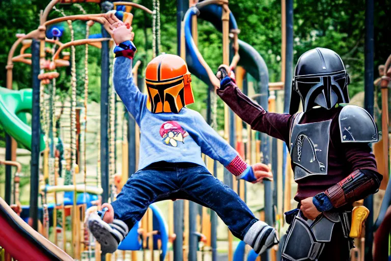 Image similar to Grogu going down a slide in a playground, still from the Mandalorian show, his arms are in the air and he’s smiling, shallow depth of field, Nikon 50mm f/1.8G