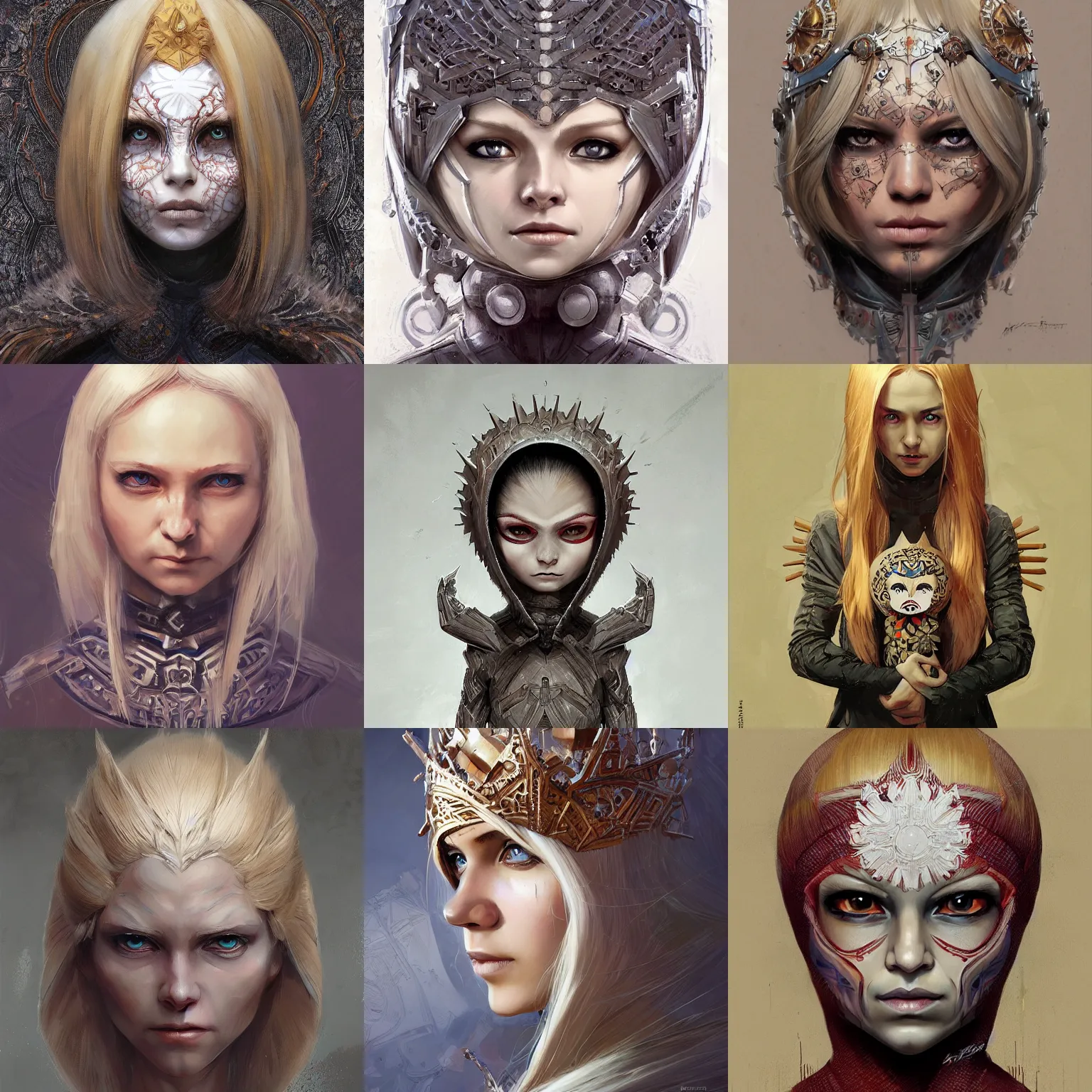 Prompt: --separate-imagesPortrait of amatryoshka,blonde hair, with a spine crown, marvel comics, dark, intricate, highly detailed, smooth, artstation, digital illustration by Ruan Jia and Mandy Jurgens and Artgerm and Wayne Barlowe and Greg Rutkowski and Frank Frazetta
