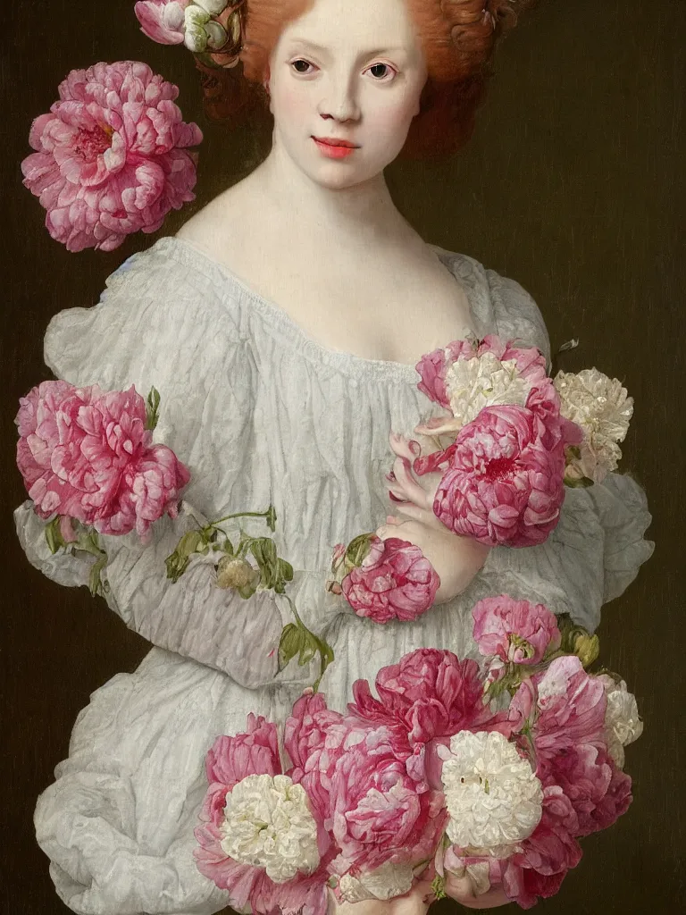Image similar to Dutch style, Renaissance studio portrait painting of a beautiful, young woman with rosy cheeks, luscious, voluminous, curly red hair adorned with many pink and white flowers, cherry blossoms, peonies, white roses, baby's breath flowers, wearing a white lace dress, against a sea green textured backdrop, in the style of Jan Davidzoon de Heem,