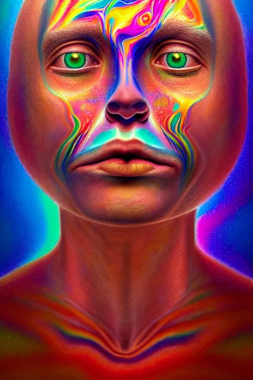 Image similar to hyperrealistic abstract close-up portrait Renaissance psychedelic!! celestial happy! pure creature!! peaceful! kind spirit of nature! beautiful fractal eyes! highly detailed concept art eric zener elson peter cinematic hard rainbow lighting high angle hd 8k sharp shallow depth of field, inspired by Zdzisław Beksiński Salvador Dali