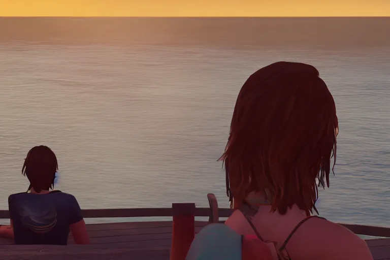 Prompt: max caulfield watching sunset on the sea, life is strange, realistic, cinematic, 8 k, highly detailed, ue 5