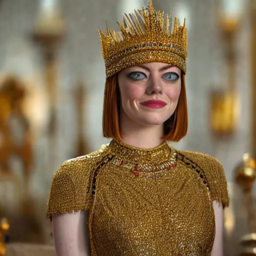 Image similar to A full body shot of Emma Stone wearing a golden Arabian crown , royality, high quality, fully detailed, 4k