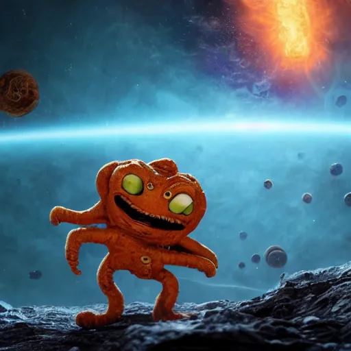 Image similar to eldritch horror bloody garfield in space, hd, 8 k, giant, epic, realistic photo, unreal engine, stars, prophecy, powerful, cinematic lighting, destroyed planet, debris, violent, sinister, ray tracing, dynamic, epic composition, dark, horrific, teeth, grotesque, monochrome drawing, hellscape