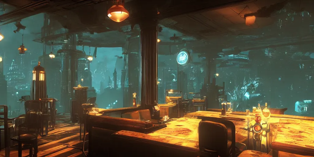 Prompt: In the world of rapture from the world of bioshock you are in a bar, there is a window that lets you see the whole city underwater and you are drinking a rum and coke