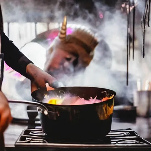 Image similar to photo of a chef cooking a unicorn inside a metal pot on a stove