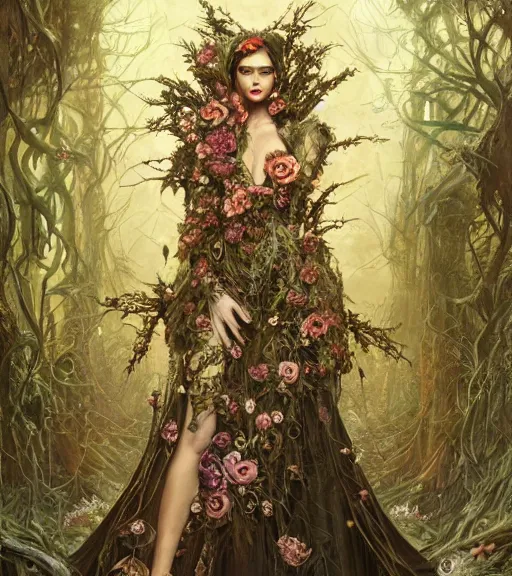 Prompt: portrait of the supreme queen of the dark cult, surrounded overgrowth and flowers 🍂 by karol bak, WLOP, James Jean, tom bagshaw, rococo, trending on artstation, fantasy magic fashion girl portrait, glossy eyes, face, fantasy, intricate, elegant, highly detailed, digital painting, concept art, smooth, sharp focus, illustration, cinematic lighting, hyper realism, octane render, 8k, hyper detailed.