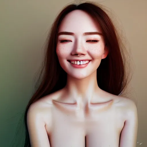 Image similar to beautiful hyperrealism selfie of a cute 3 d young woman smiling softly, long light bronze brown hair, cute freckles, flushed face, red blush, small heart - shaped face, soft features, emerald green eyes, chinese heritage, golden hour, 8 k, sharp focus, instagram