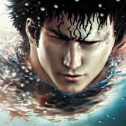 Prompt: photorealistic shockingly amazing portrait of guts from berserk submerged in water extremely detailed, made by wlop and maxwell boas