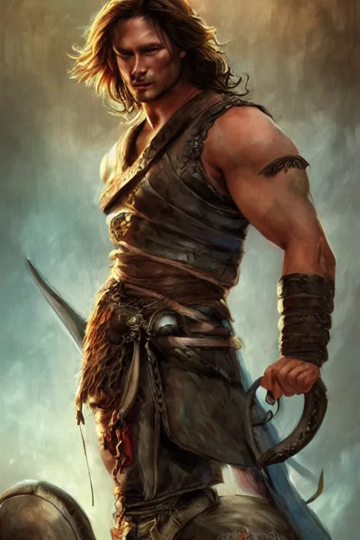 Prompt: romance book for women illustration, front portrait of attractive sam winchester as a viking warrior, clothes torn apart, muscular chest tattooed with runes and symbols, d & d!, fantasy style, sharp focus!, ultra detailed, art by artgerm and peter andrew jones, wlop