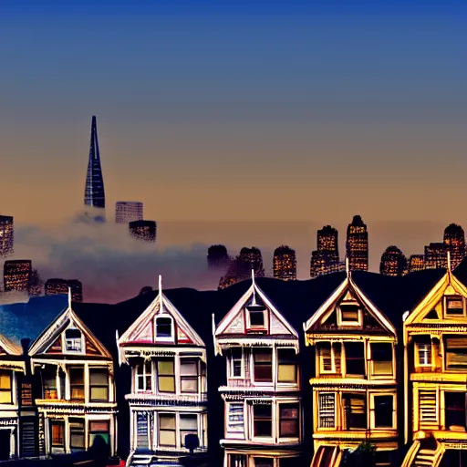 Prompt: a photograph of the painted ladies in san francisco at sunset foggy artstation cyberpunk dreamscape high definition