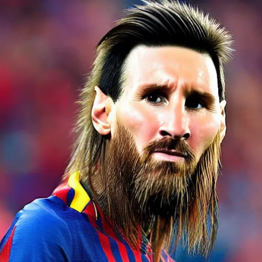 Image similar to Close-up portrait of Lionel Messi, long silver hair with a long beard, big nose, wearing a barca cape, katsuhiro tomo